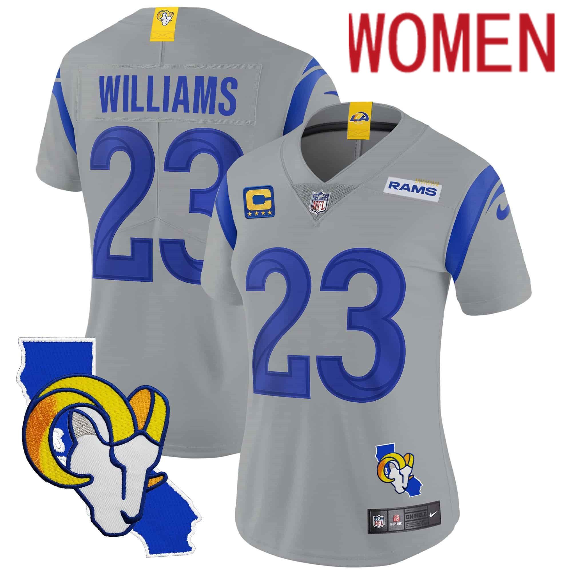 Women Los Angeles Rams #23 Williams Grey 2024 Nike California Patch Vapor Limited NFL Jersey->women nfl jersey->Women Jersey